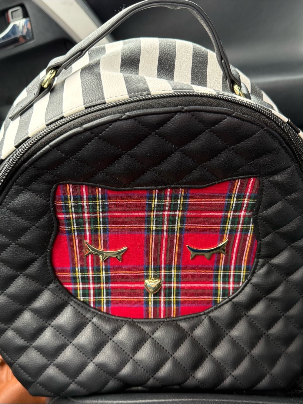 Betsey Johnson whimsical Quilted plaid cat Backpack Purse
